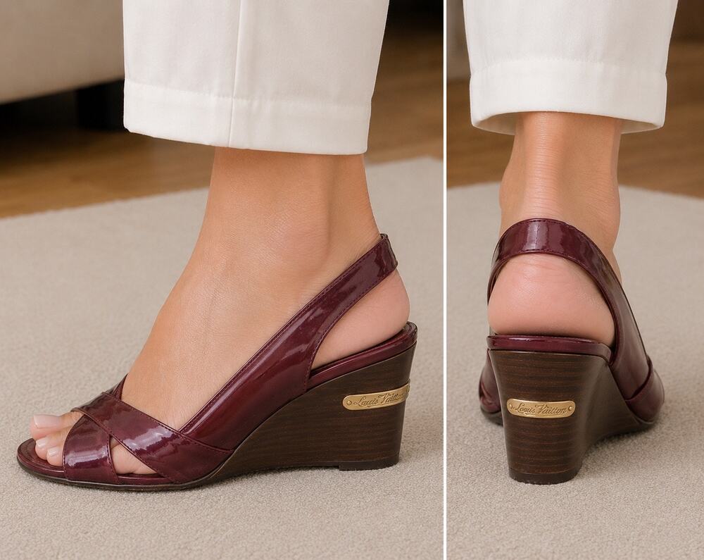 VTG Louis Vuitton Patent Leather Slingback Wedge Sandals Burgundy EU 36 Italy